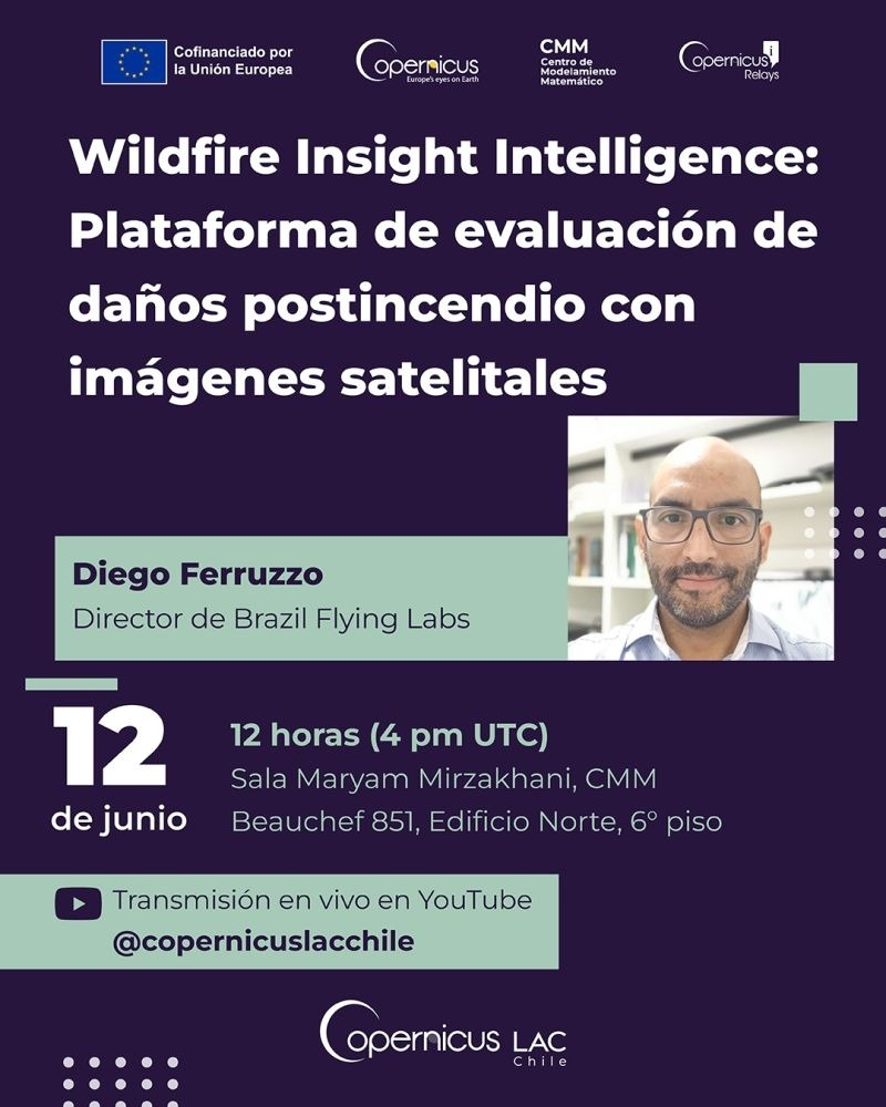Diego Ferruzzo apresenta plataforma de avaliação de danos pós-incêndio com imagens Copernicus em seminário no Chile